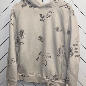 cream colored hoodie with fun additives on, Abercrombie and Fitch, size small